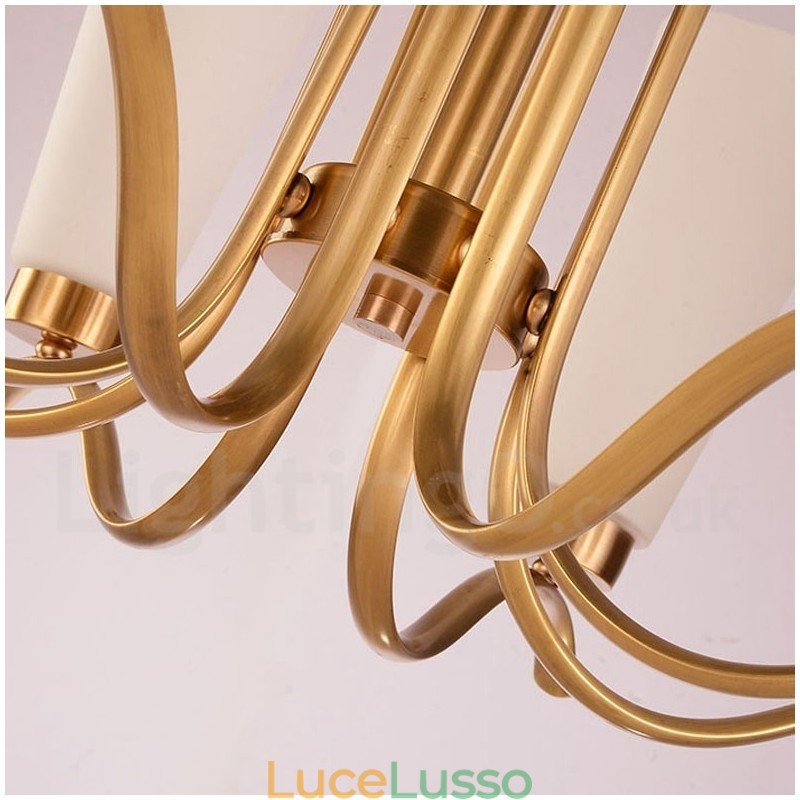 Lampadario a sospensione in ottone rustico retrò da 8 luci con paralume in vetro