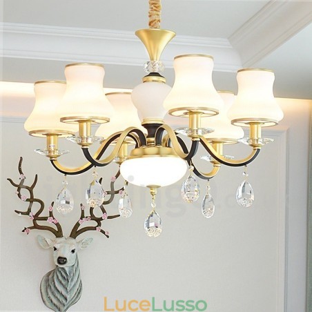 Lampadario a sospensione in cristallo rustico retrò a 6 luci con paralume in vetro Lampadario a sospensione in cristallo rustico retrò a 6 luci con paralume in vetro