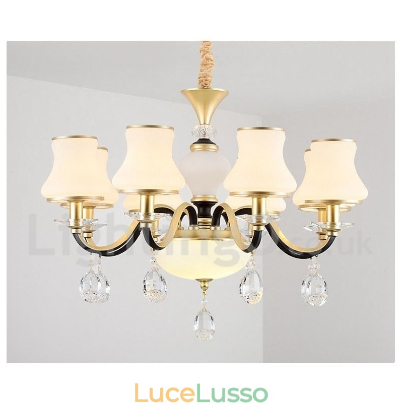 Lampadario a sospensione in cristallo rustico retrò a 6 luci con paralume in vetro