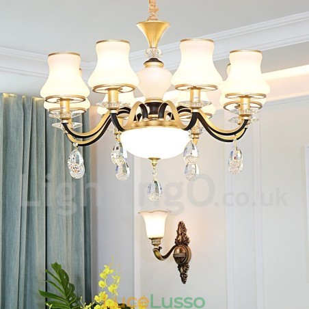 Lampadario a sospensione in cristallo rustico retrò da 8 luci con paralume in vetro Lampadario a sospensione in cristallo rustico retrò da 8 luci con paralume in vetro