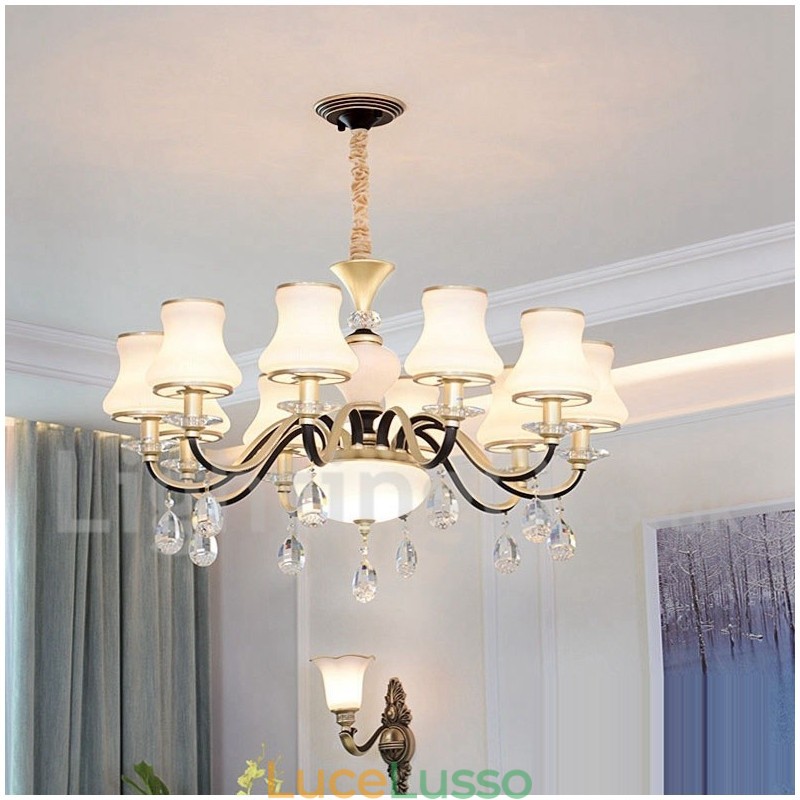 Lampadario a sospensione in cristallo di lusso rustico retrò con paralume in vetro