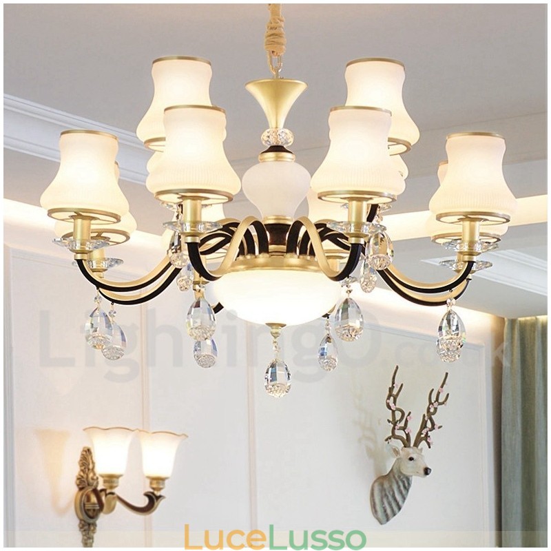 Lampadario a sospensione in cristallo rustico retrò da 12 luci con paralume in vetro