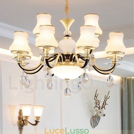 Lampadario a sospensione in cristallo rustico retrò da 12 luci con paralume in vetro Lampadario a sospensione in cristallo rustico retrò da 12 luci con paralume in vetro