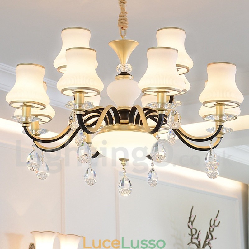 Lampadario a sospensione in cristallo rustico retrò da 12 luci con paralume in vetro