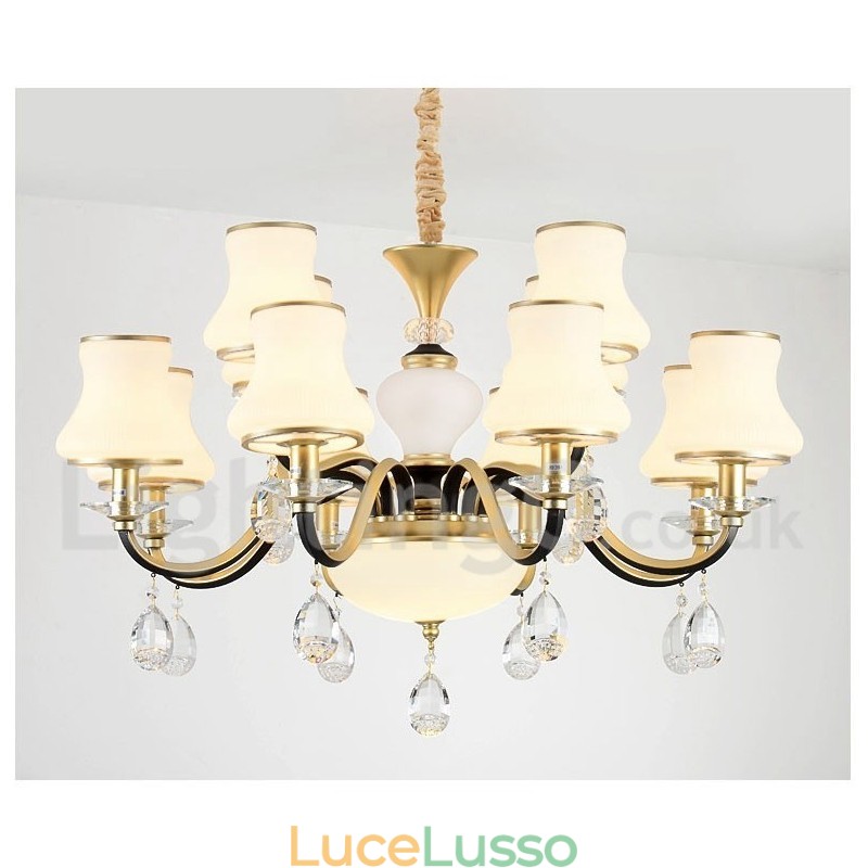 Lampadario a sospensione in cristallo rustico retrò da 12 luci con paralume in vetro