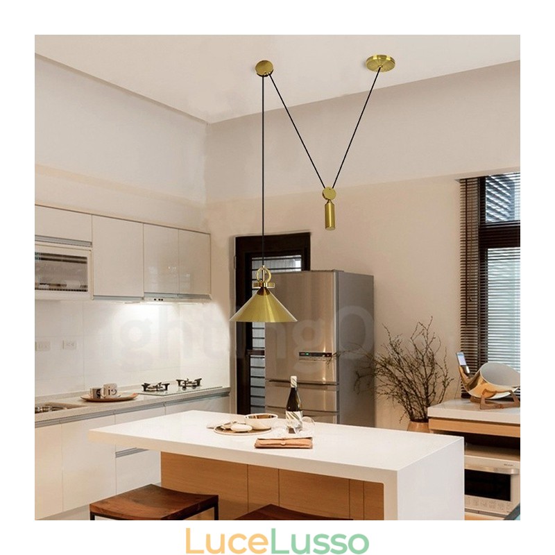 Lampada a sospensione moderna contemporanea in stile nordico con salite e discese, in rame puro, lampada da soffitto in ottone