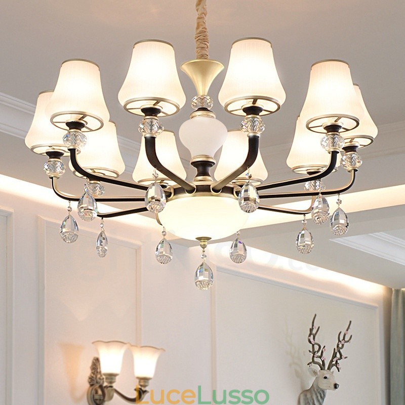 Lampadario moderno contemporaneo retrò di lusso in cristallo con paralume in vetro