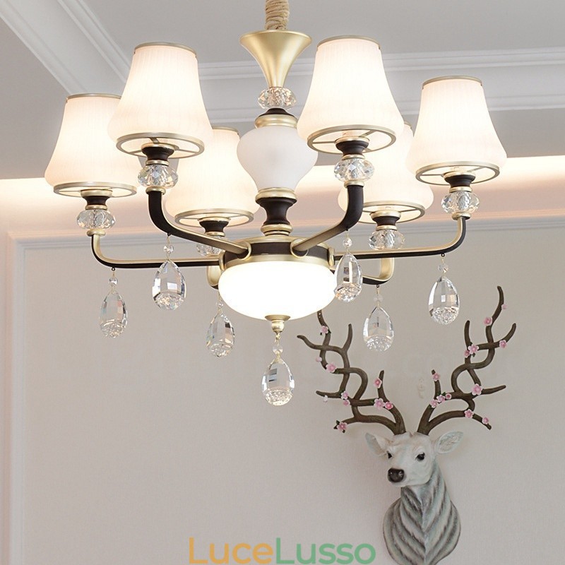 Lampadario moderno contemporaneo retrò di lusso in cristallo con paralume in vetro
