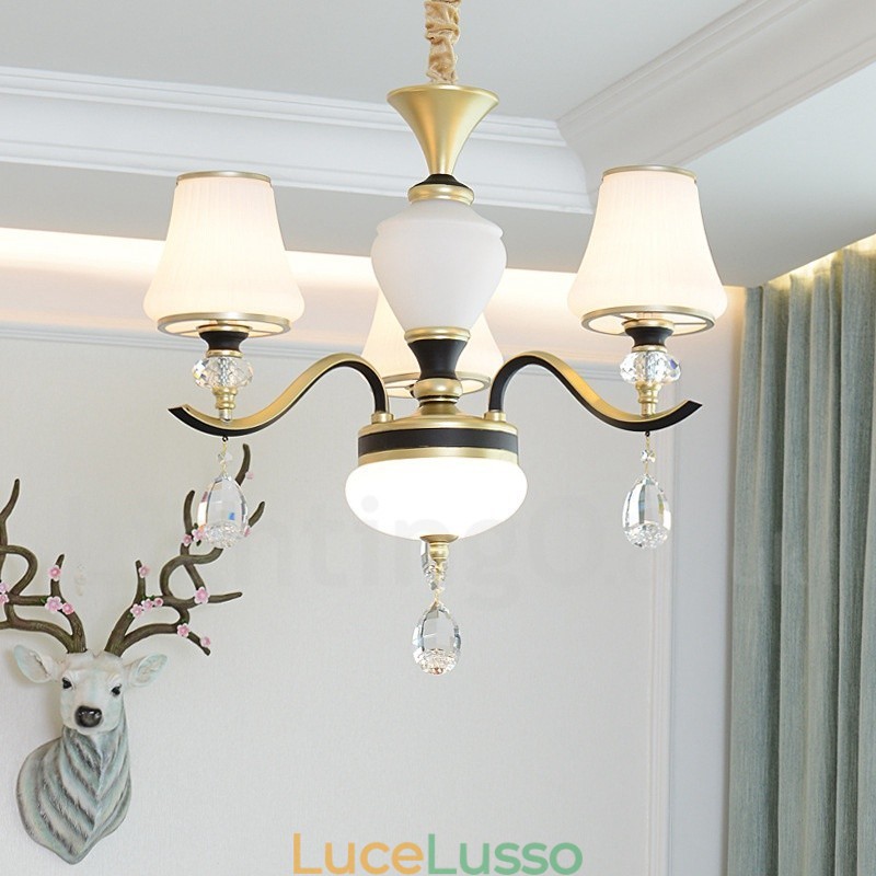 Lampadario moderno contemporaneo retrò di lusso in cristallo con paralume in vetro