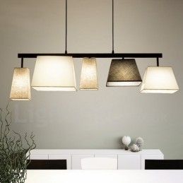 Lampada a sospensione moderna contemporanea in acciaio a 5 luci con paralume in tessuto
