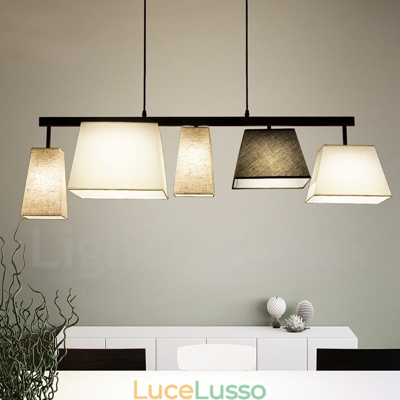Lampada a sospensione moderna contemporanea in acciaio a 5 luci con paralume in tessuto