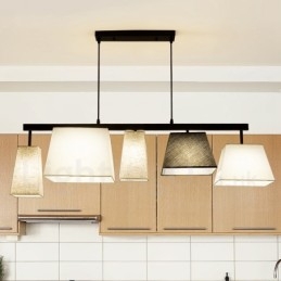 Lampada a sospensione moderna contemporanea in acciaio a 5 luci con paralume in tessuto