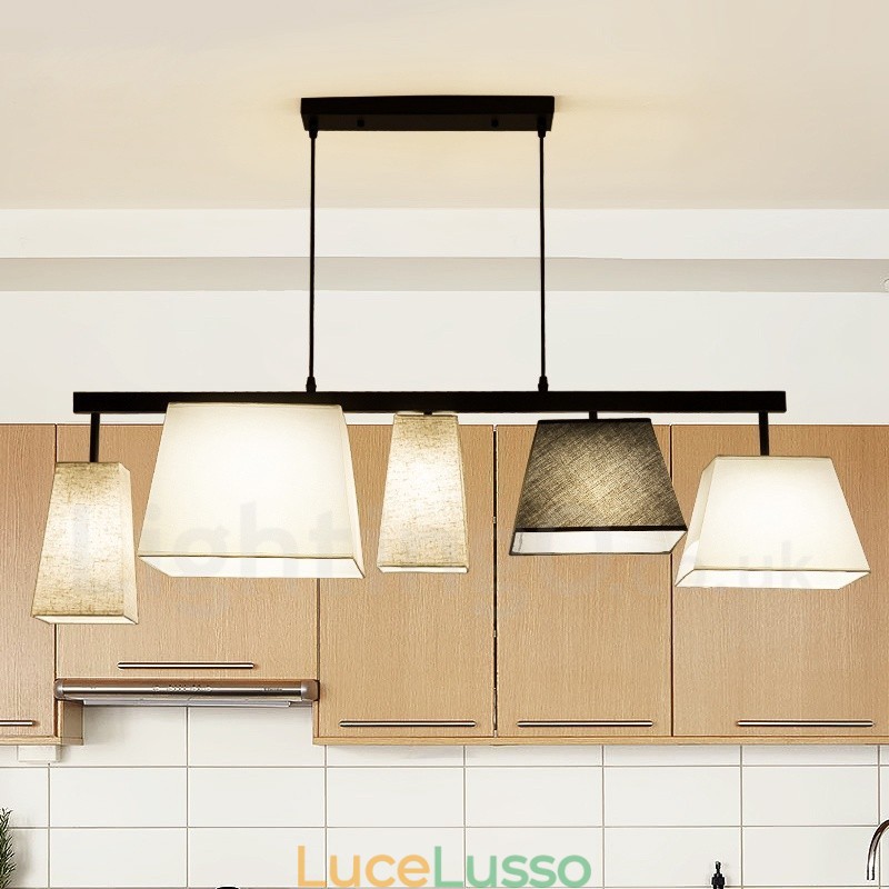 Lampada a sospensione moderna contemporanea in acciaio a 5 luci con paralume in tessuto