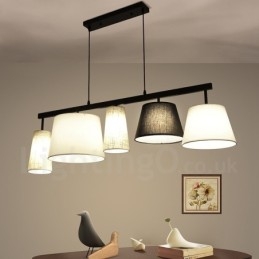 Lampada a sospensione moderna contemporanea in acciaio a 5 luci con paralume in tessuto