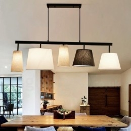 Lampada a sospensione moderna contemporanea in acciaio a 5 luci con paralume in tessuto