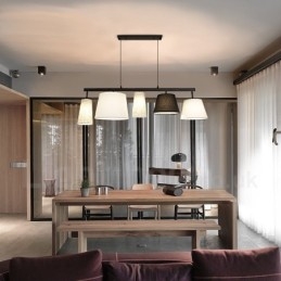 Lampada a sospensione moderna contemporanea in acciaio a 5 luci con paralume in tessuto