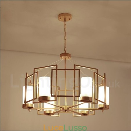 Lampada a sospensione moderna contemporanea a 6 luci in ottone con paralume in vetro Lampada a sospensione moderna contemporanea a 6 luci in ottone con paralume in vetro
