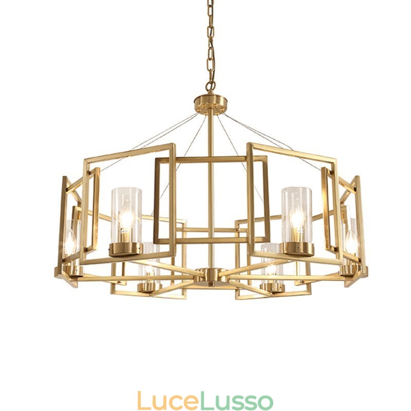 Lampada a sospensione moderna contemporanea a 6 luci in ottone con paralume in vetro