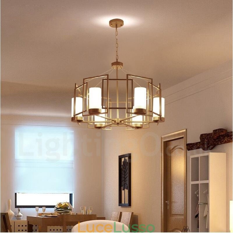 Lampada a sospensione moderna contemporanea a 6 luci in ottone con paralume in vetro