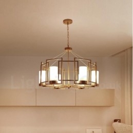 Lampada a sospensione moderna contemporanea a 6 luci in ottone con paralume in vetro