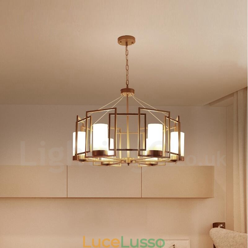 Lampada a sospensione moderna contemporanea a 6 luci in ottone con paralume in vetro
