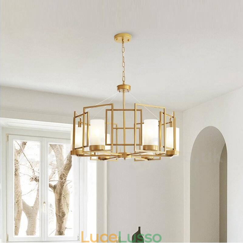 Lampada a sospensione moderna contemporanea a 6 luci in ottone con paralume in vetro