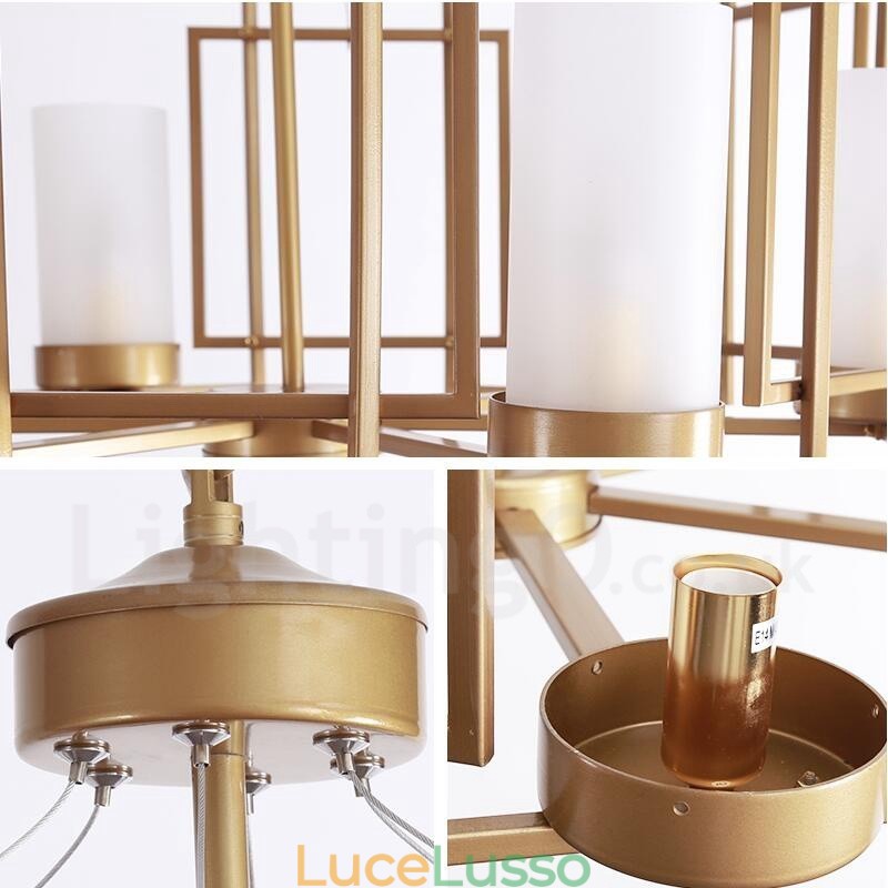 Lampada a sospensione moderna contemporanea a 6 luci in ottone con paralume in vetro