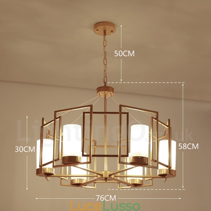 Lampada a sospensione moderna contemporanea a 6 luci in ottone con paralume in vetro