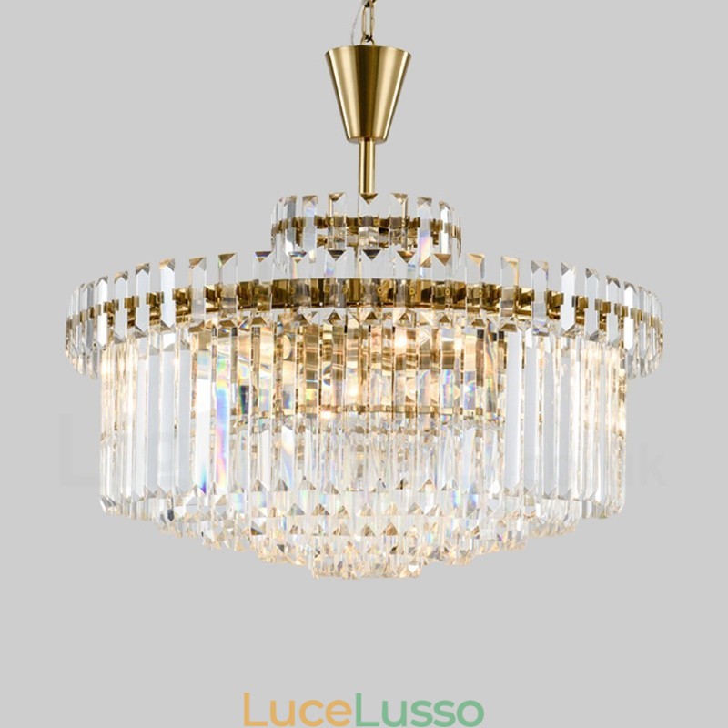 Lampada a sospensione moderna contemporanea in acciaio a 9 luci con paralume in cristallo