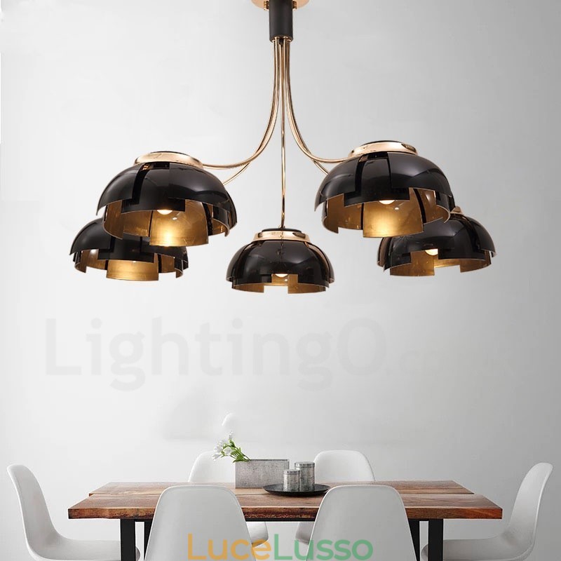 Lampadario moderno contemporaneo in acciaio a 5 luci con paralume in acrilico