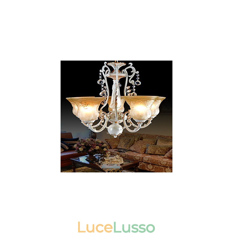 Lampadario bianco a cinque luci con paralume in vetro dorato a mano, stile europeo retrò classico