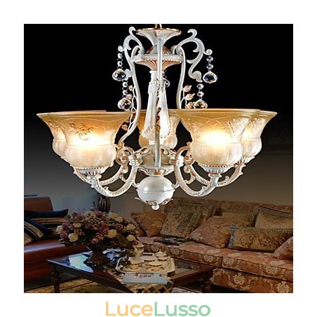 Lampadario bianco a cinque luci con paralume in vetro dorato a mano, stile europeo retrò classico