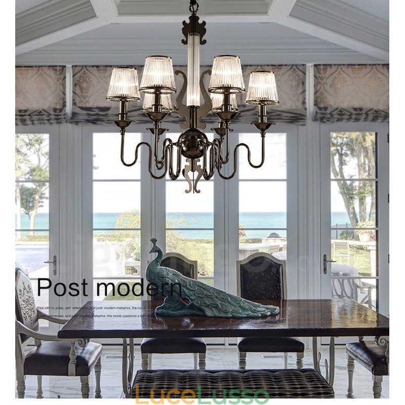 Lampadario moderno contemporaneo in acciaio a 6 luci con paralume in acrilico