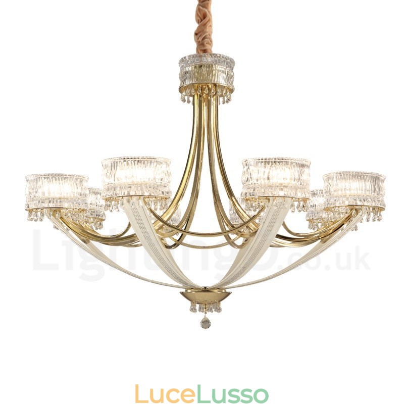 Lampadario moderno contemporaneo in acciaio a 8 luci con paralume in cristallo