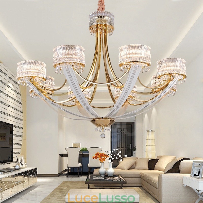 Lampadario moderno contemporaneo in acciaio a 8 luci con paralume in cristallo