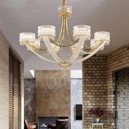 Lampadario moderno contemporaneo in acciaio a 8 luci con paralume in cristallo