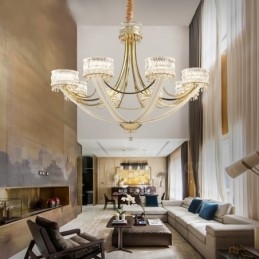 Lampadario moderno contemporaneo in acciaio a 8 luci con paralume in cristallo