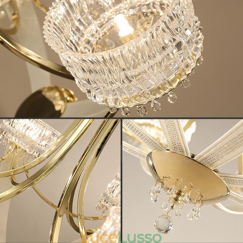 Lampadario moderno contemporaneo in acciaio a 8 luci con paralume in cristallo