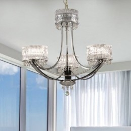 Lampadario moderno contemporaneo in acciaio a 3 luci con paralume in cristallo