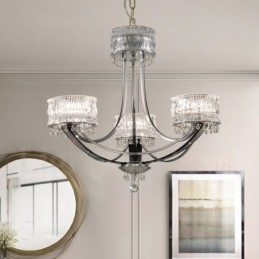 Lampadario moderno contemporaneo in acciaio a 3 luci con paralume in cristallo
