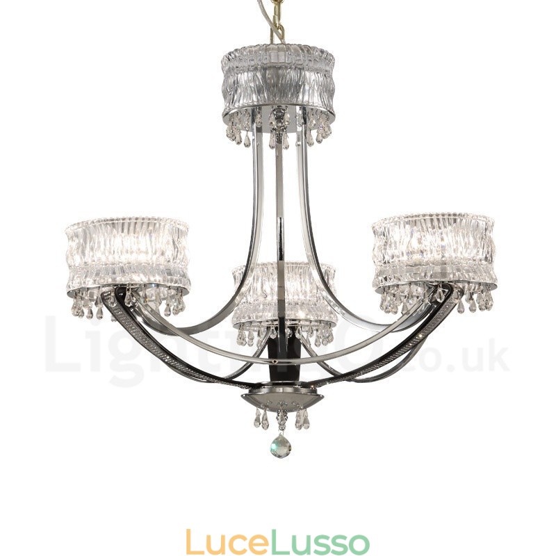 Lampadario moderno contemporaneo in acciaio a 3 luci con paralume in cristallo