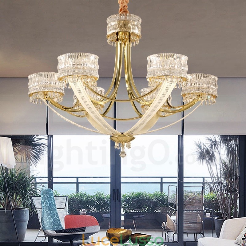 Lampadario moderno contemporaneo in acciaio a 6 luci con paralume in cristallo