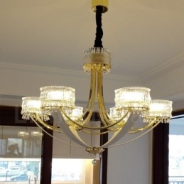 Lampadario moderno contemporaneo in acciaio a 6 luci con paralume in cristallo