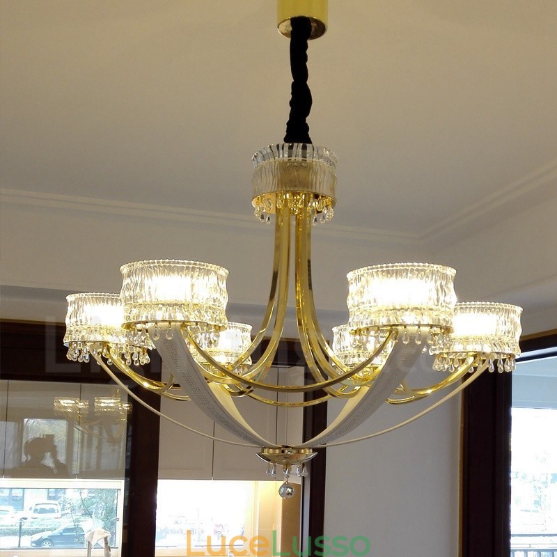 Lampadario moderno contemporaneo in acciaio a 6 luci con paralume in cristallo