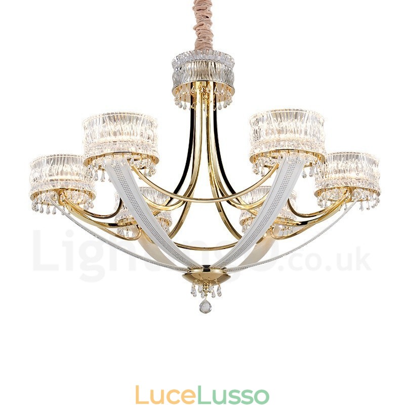 Lampadario moderno contemporaneo in acciaio a 6 luci con paralume in cristallo