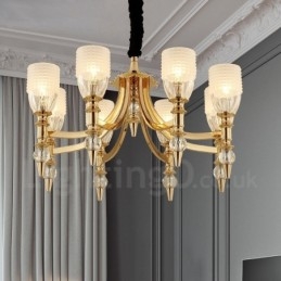 Lampadario mediterraneo in acciaio a 8 luci con paralume in vetro