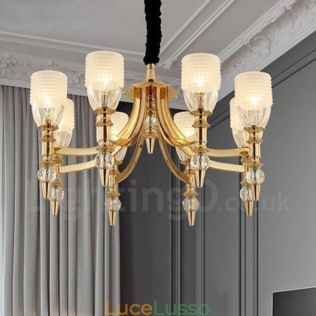 Lampadario mediterraneo in acciaio a 8 luci con paralume in vetro Lampadario mediterraneo in acciaio a 8 luci con paralume in vetro