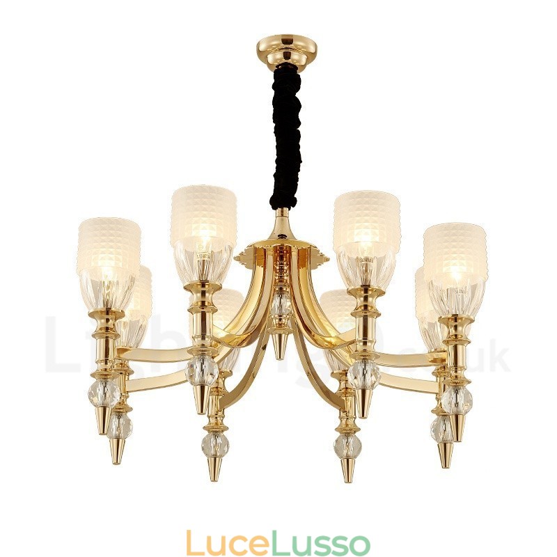 Lampadario mediterraneo in acciaio a 8 luci con paralume in vetro