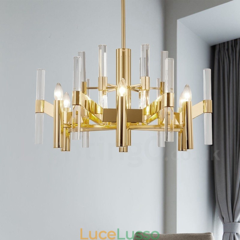 Lampadario moderno contemporaneo in metallo a 8 luci con paralume in cristallo