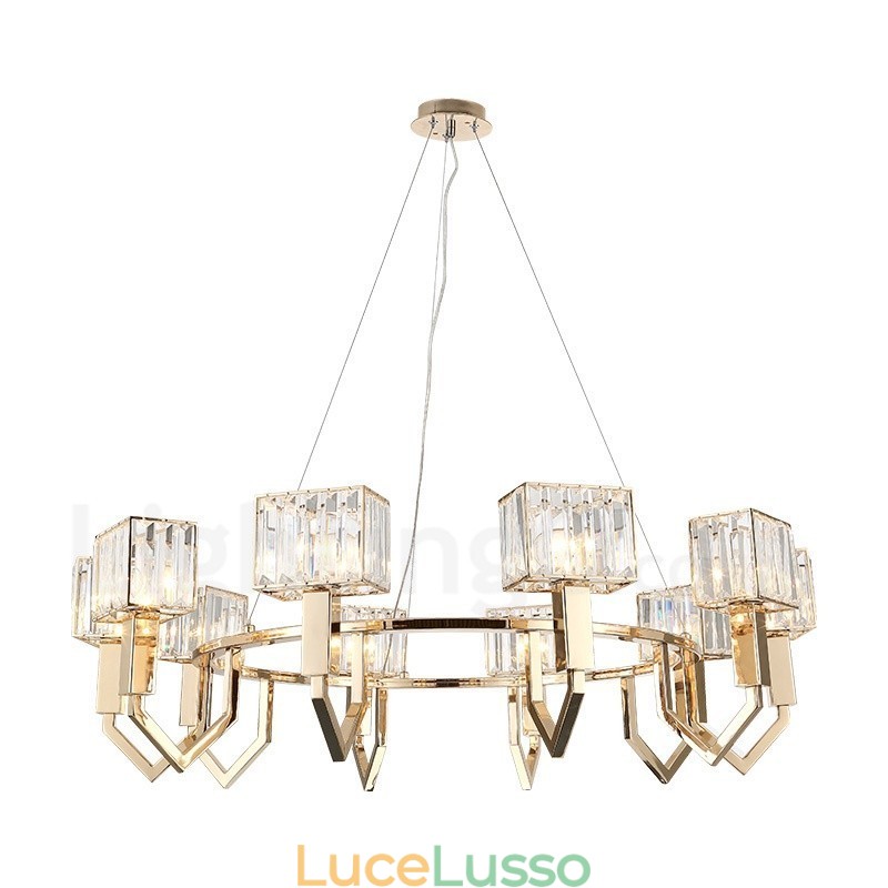 Lampada a sospensione moderna contemporanea in acciaio da 10 luci con paralume in cristallo